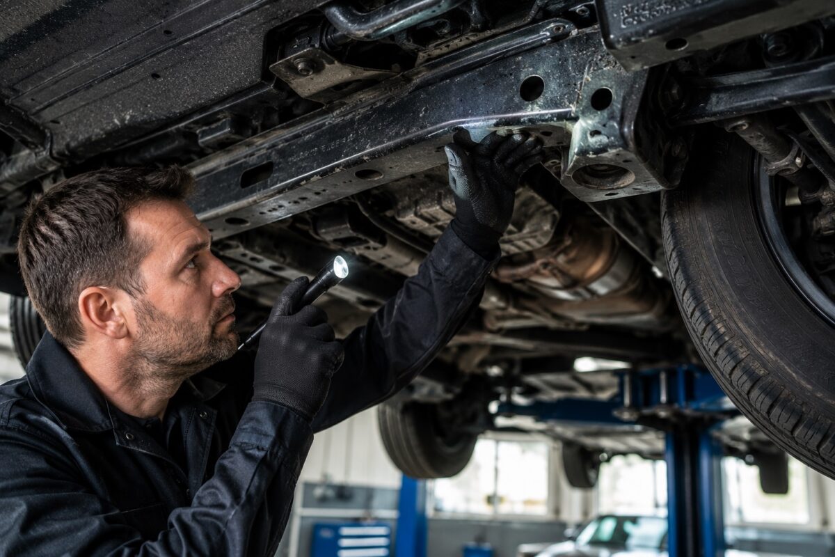 Profissional inspecionando estrutura e chassi de carro usado