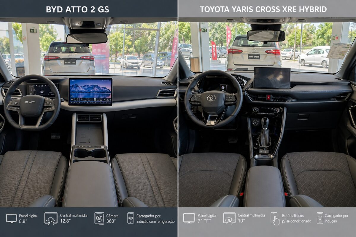 Interior do Toyota Yaris Cross XRE Hybrid e BYD Atto 2 GS em comparação
