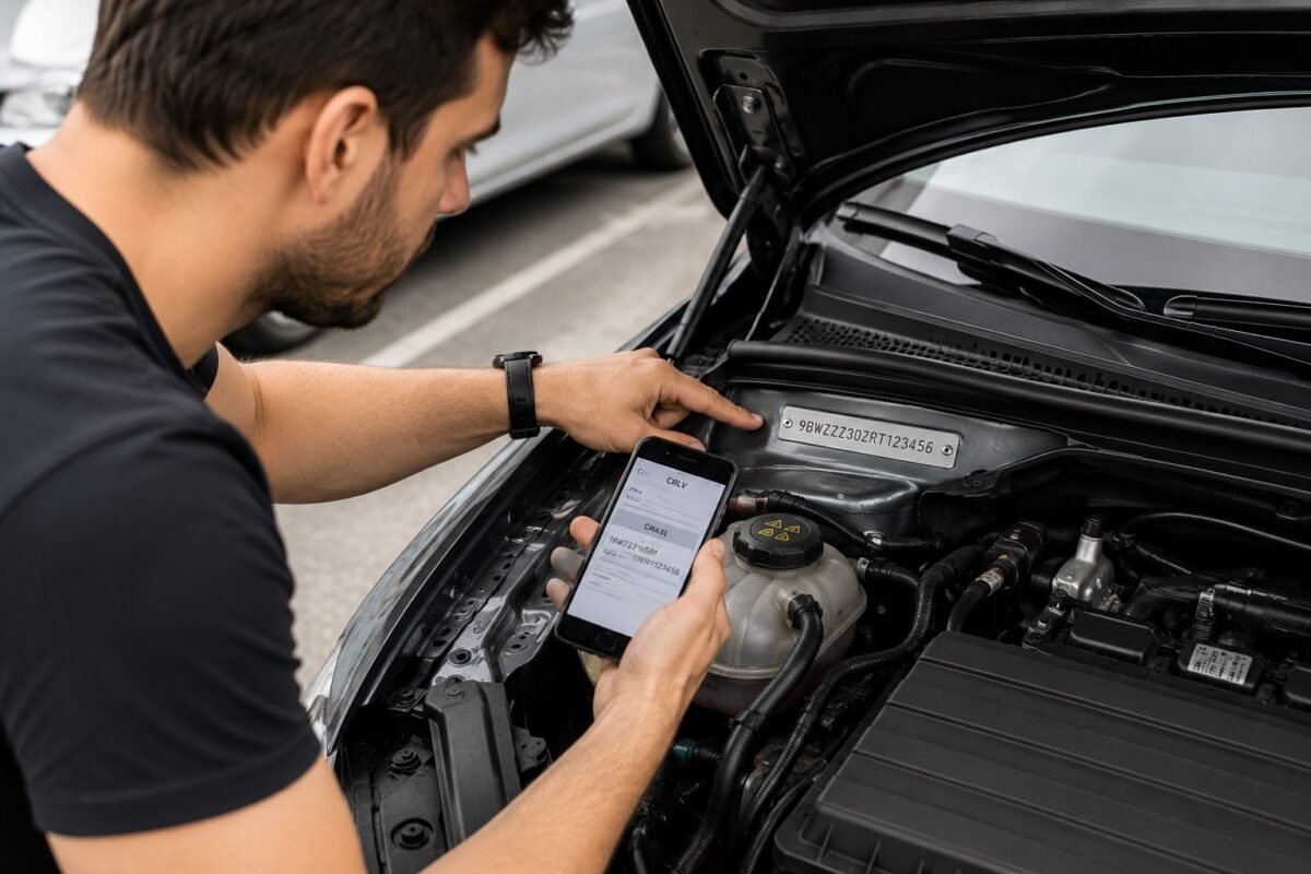 Comprador conferindo número do chassi antes de comprar carro usado