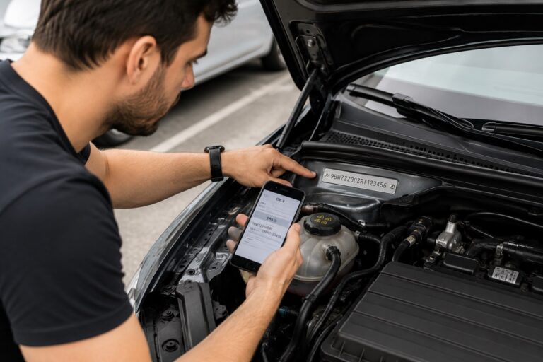Comprador conferindo número do chassi antes de comprar carro usado