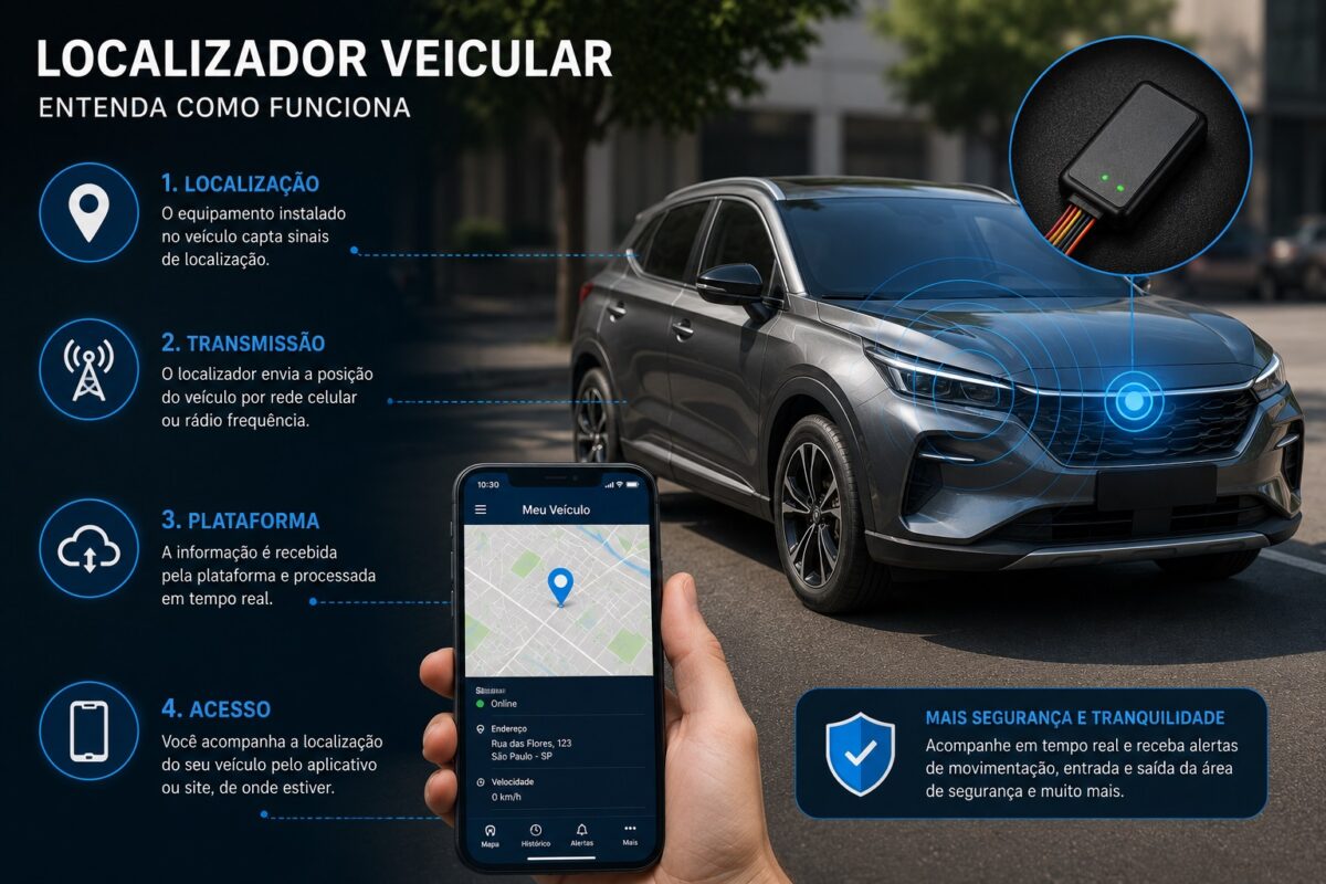 Localizador veicular mostra posição do carro em aplicativo no celular