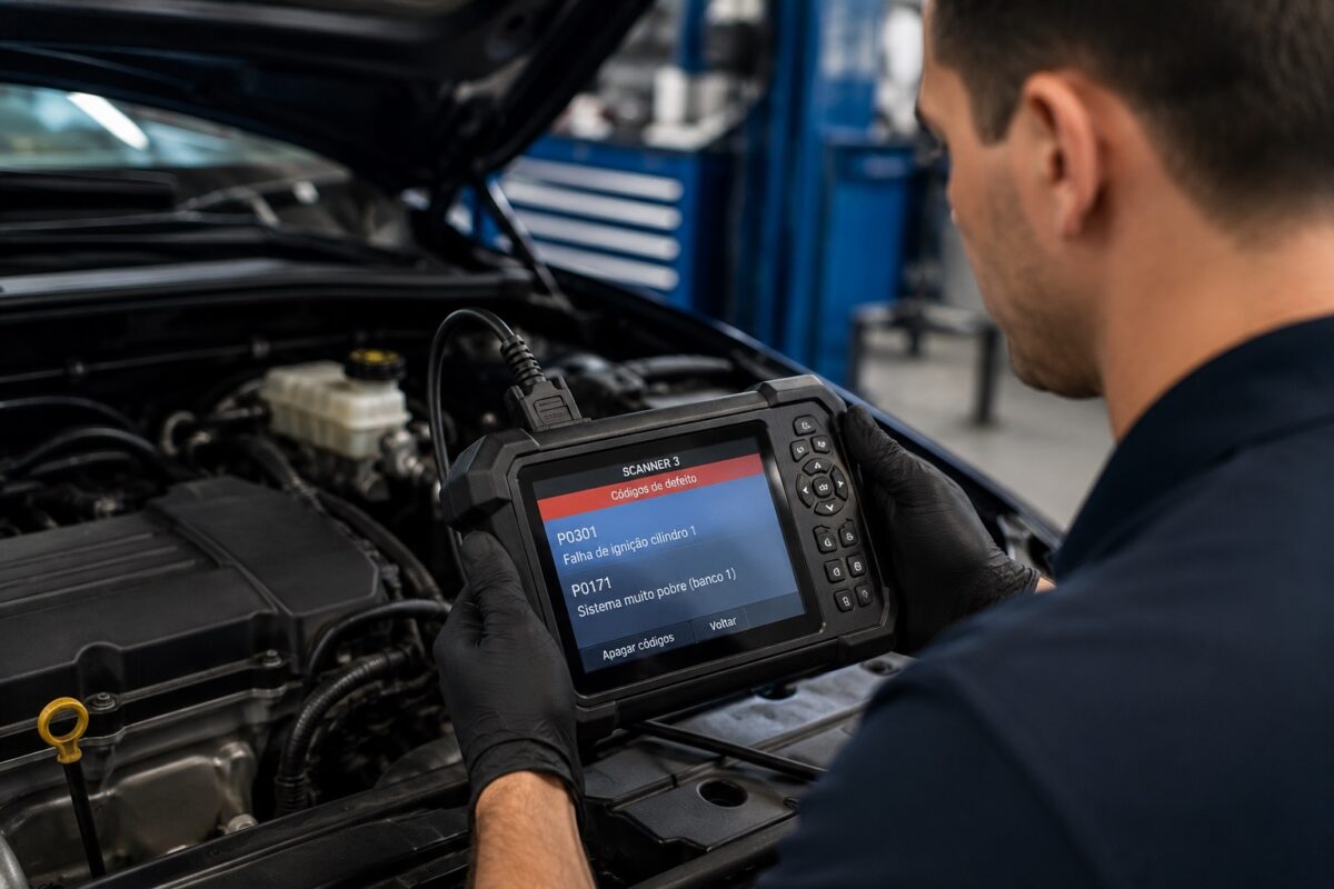 Mecânico usando scanner automotivo para diagnosticar falha na injeção eletrônica