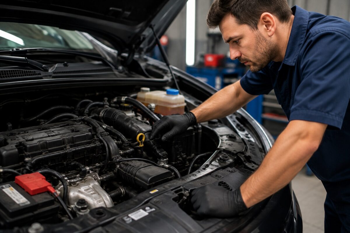 Mecânico verificando motor de carro após luz da injeção acender