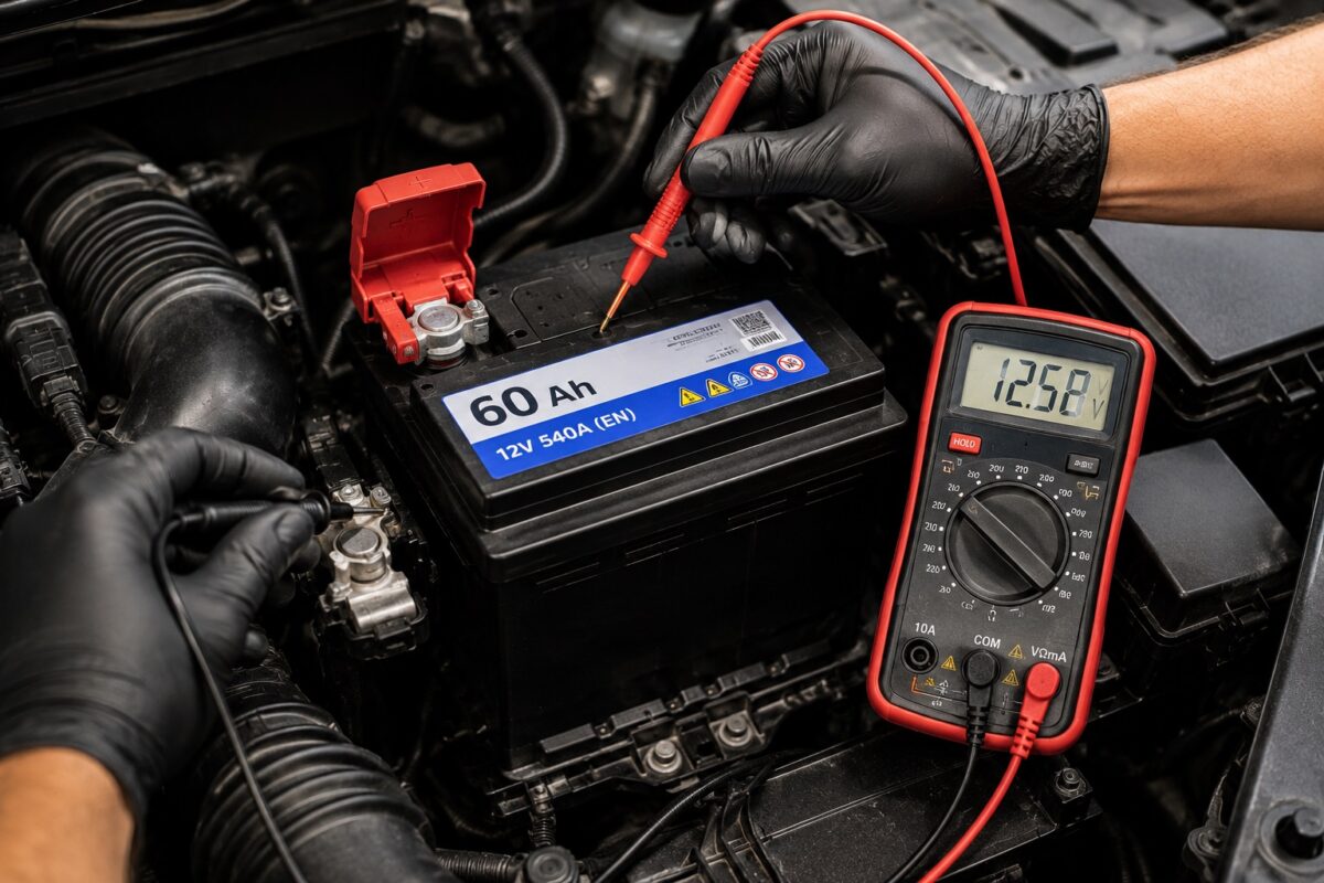 Mecânico testando bateria 60 Ah com equipamento de diagnóstico