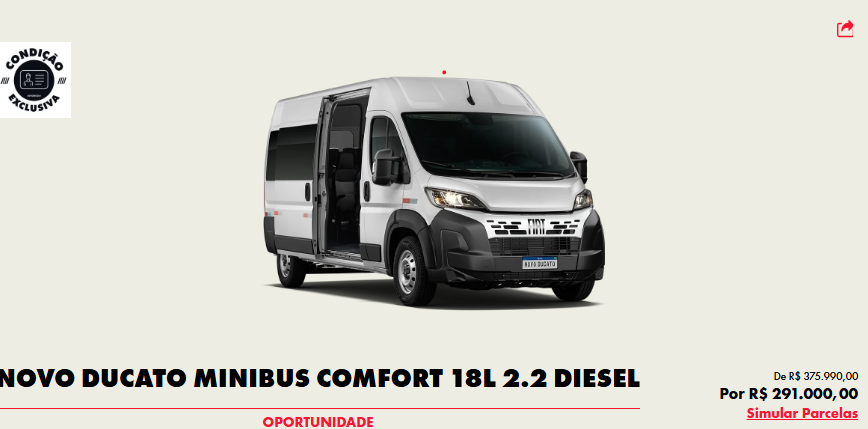 Fiat reduz em R$ 84.990 o preço da Ducato Minibus para CNPJ