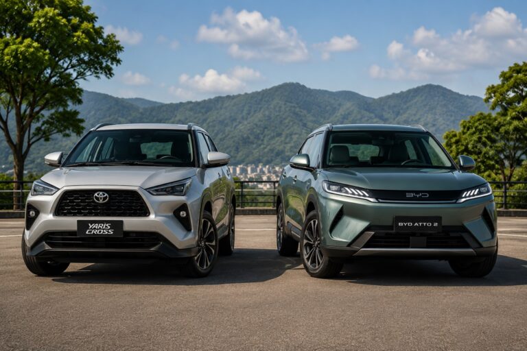 Toyota Yaris Cross XRE Hybrid e BYD Atto 2 GS lado a lado em comparativo frontal