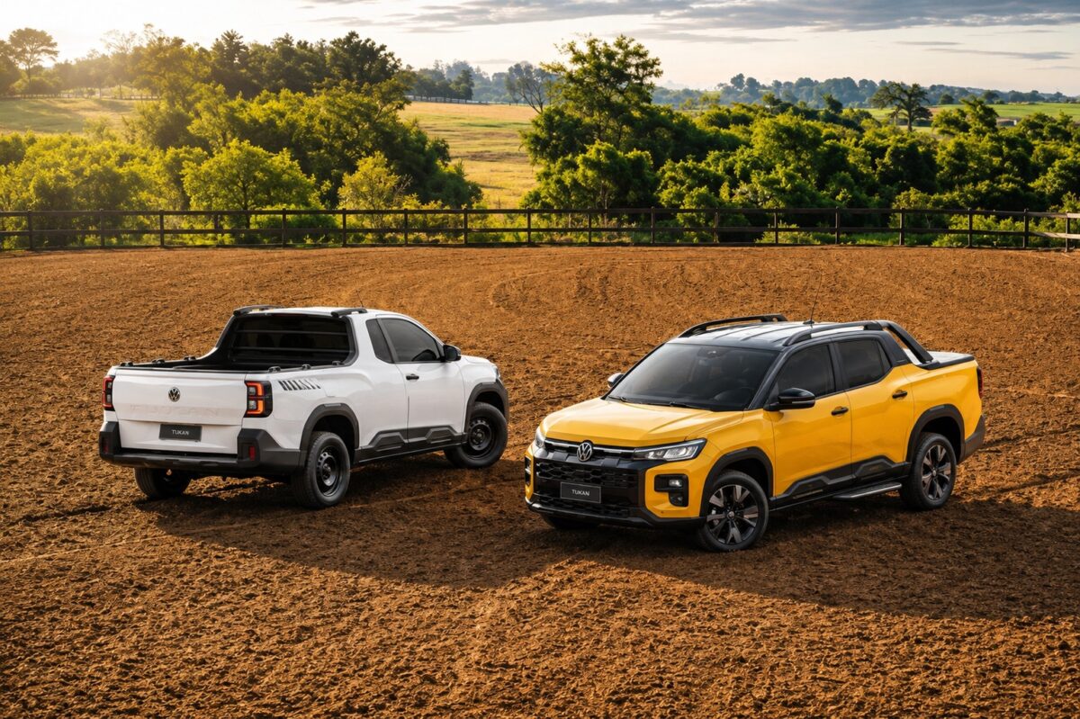 Volkswagen Tukan Robust branca e Tukan Extreme amarela lado a lado em terreno de terra
