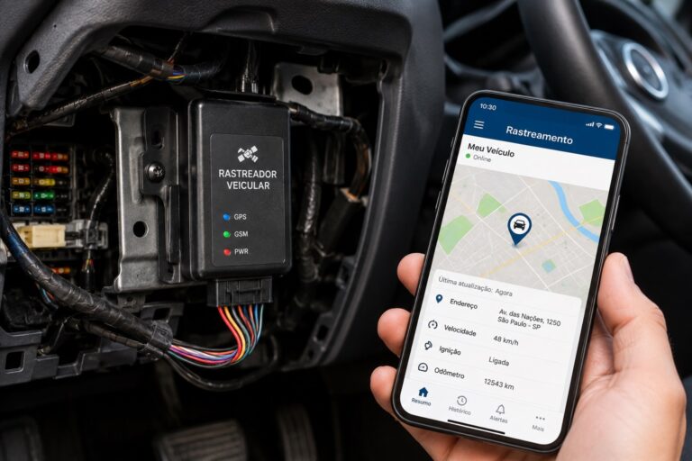 Rastreador veicular instalado em carro com localização acompanhada pelo celular