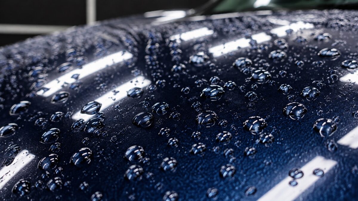 Gotas de água sobre pintura com vitrificação automotiva