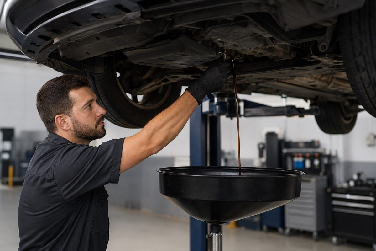 Mecânico realizando a troca de óleo do motor de um carro