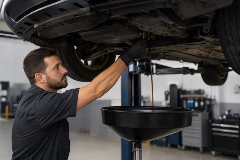 Mecânico realizando a troca de óleo do motor de um carro