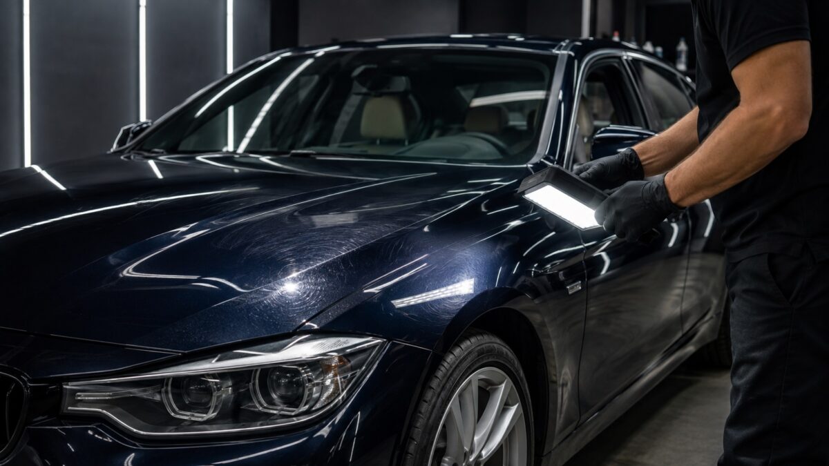 Carro com pintura vitrificada recebendo acabamento profissional