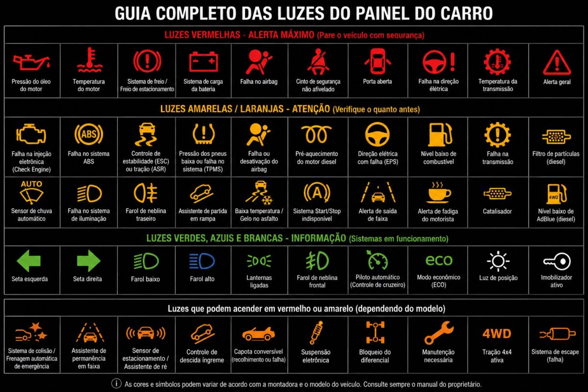 Luzes do painel do carro: significado das cores e quando é preciso parar