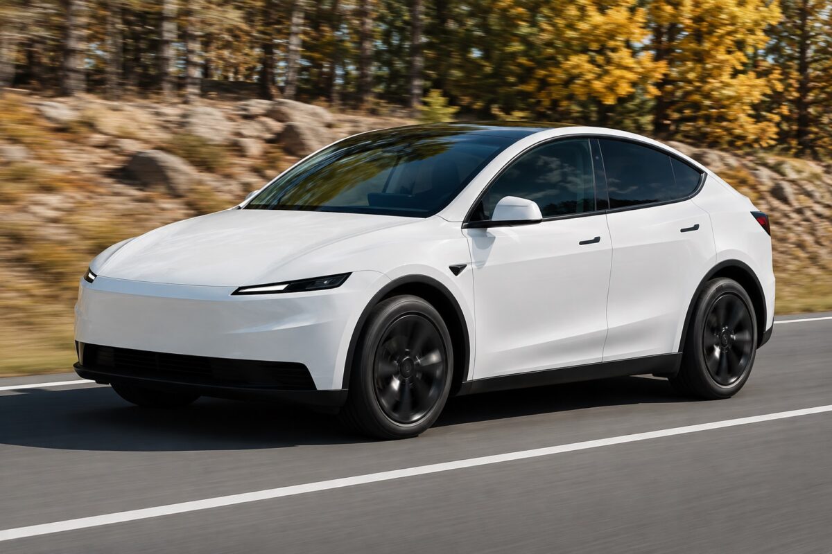 Tesla Model Y branco rodando em estrada