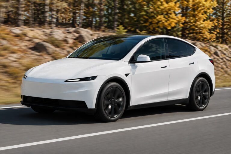 Tesla Model Y branco rodando em estrada