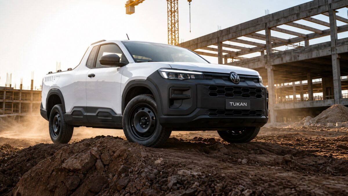Volkswagen Tukan Robust branca de cabine simples em terreno de obra