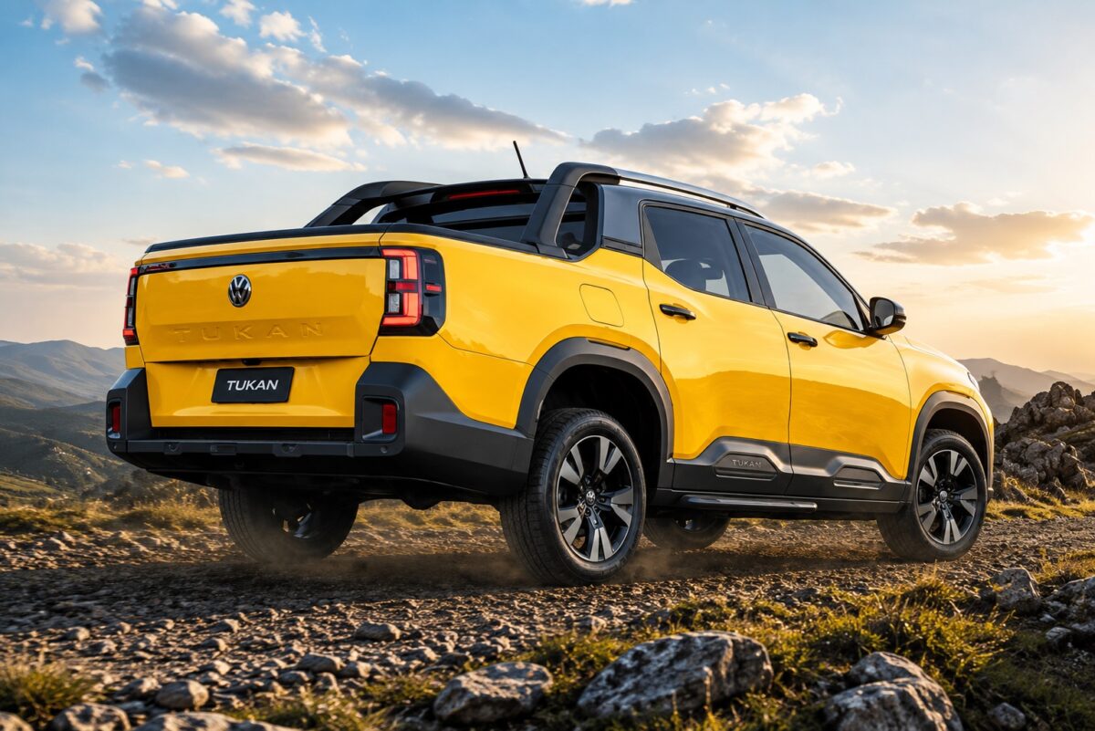 Volkswagen Tukan Extreme amarela vista de traseira em cenário off-road