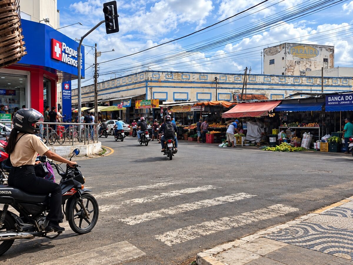 Cruzamento movimentado com semáforo e motociclistas em Picos