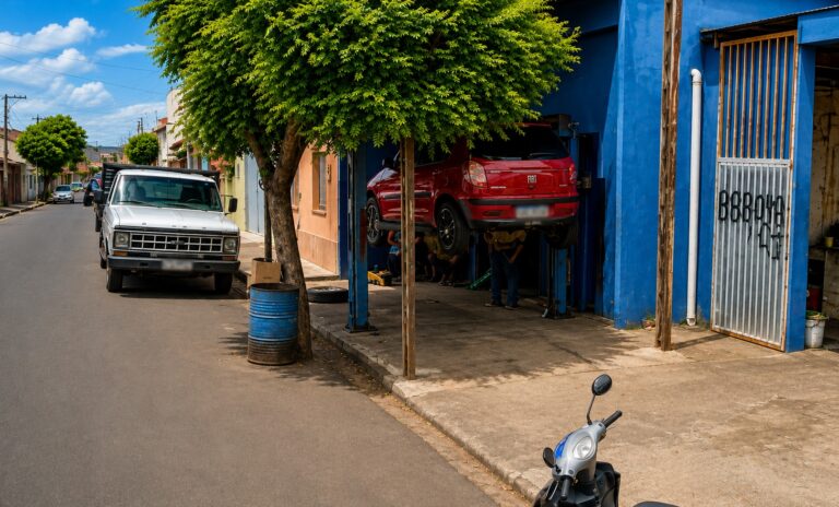 Mecânica Dois Irmãos com carro elevado para manutenção da suspensão