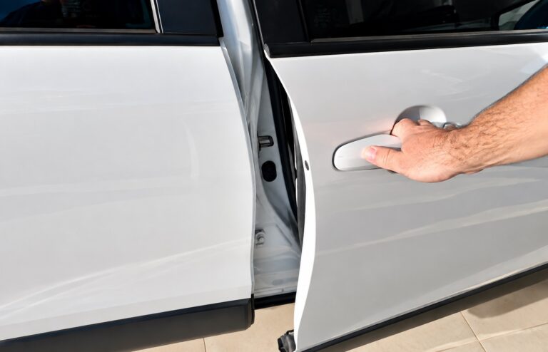 Pessoa fechando a porta do carro com a mão na maçaneta