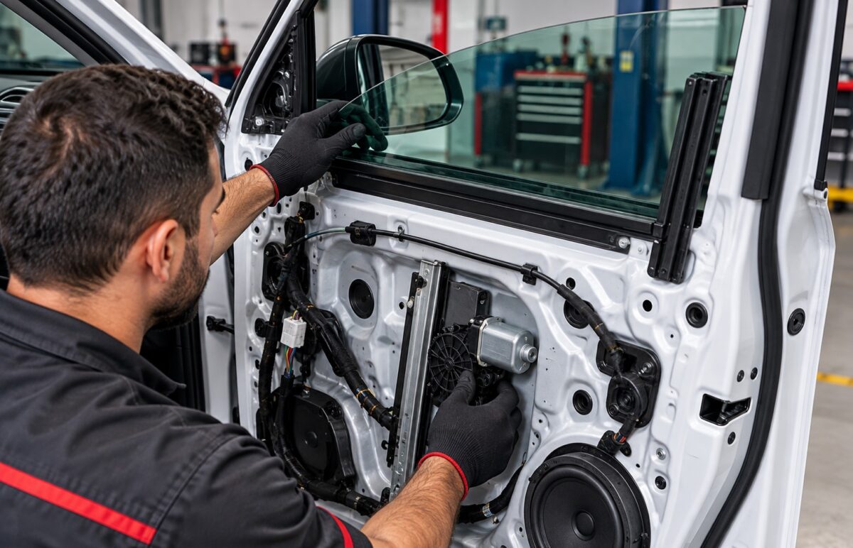 Mecânico verifica vidro e componentes internos da porta do carro