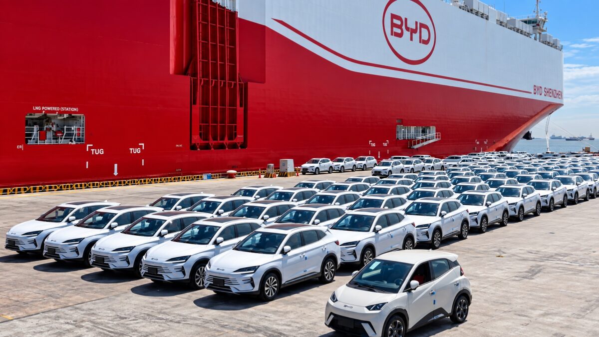 Carros da BYD estacionados ao lado do navio BYD Shenzhen