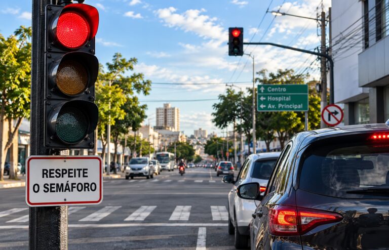 Sinal vermelho em cruzamento com veículos aguardando passagem