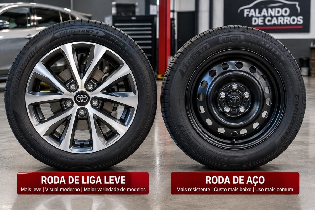 Roda de liga leve e roda de aço lado a lado