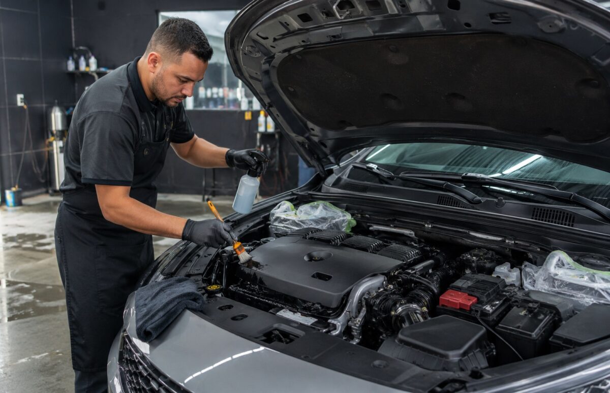 Profissional faz limpeza do motor do carro em lava jato